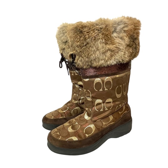 COACH Lizzie Rabbit Fur Trimmed Brown Gold Pattern Boots With Beads Rare